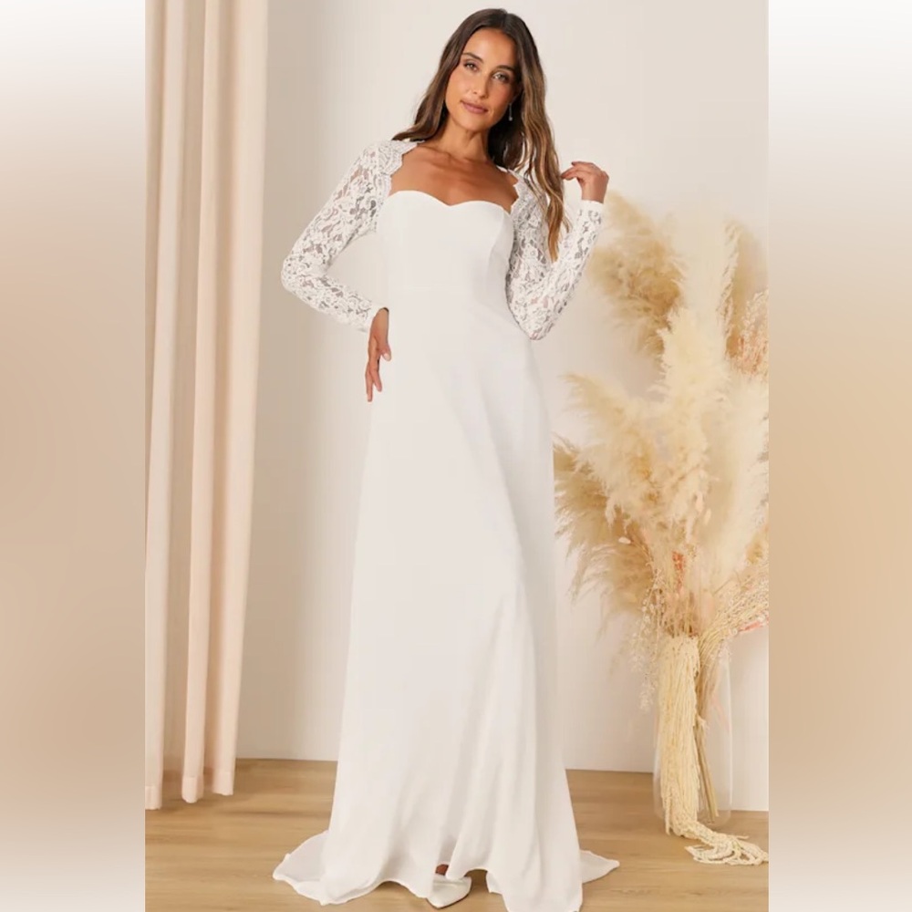 NWT Lulus Promised Forever White Lace Long Sleeve Backless Maxi Dress